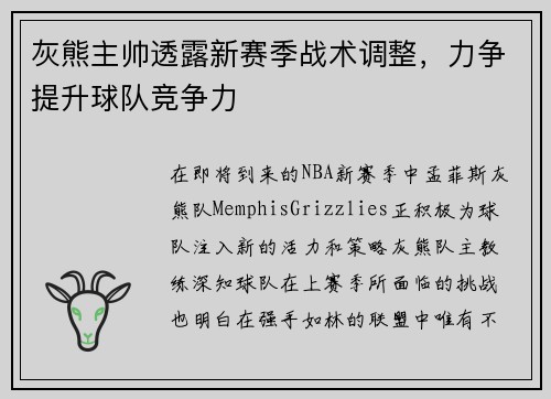 灰熊主帅透露新赛季战术调整，力争提升球队竞争力