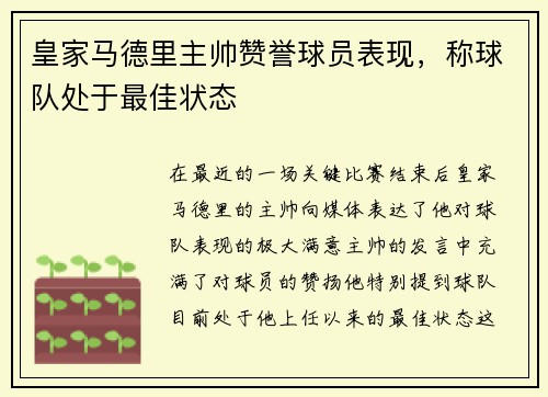 皇家马德里主帅赞誉球员表现，称球队处于最佳状态